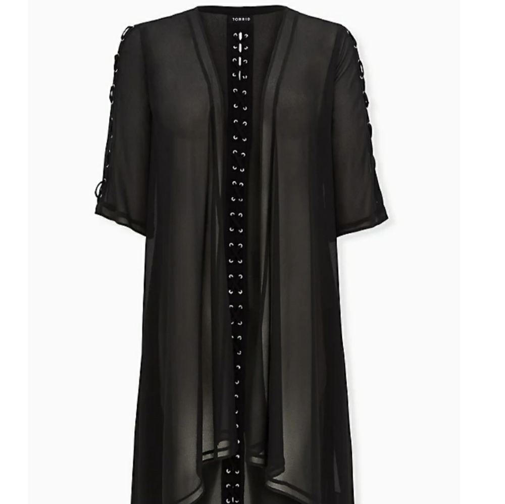 Torrid black chiffon lace up hi-lo duster kimono.